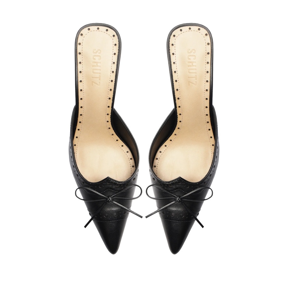SCHUTZ Minny Leather Mule Black Heels with Bow Detail Sz 8